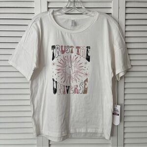 Bronzini Ivory "Trust The Universe" Graphic Print tee short sleeve, Size XS, NWT
